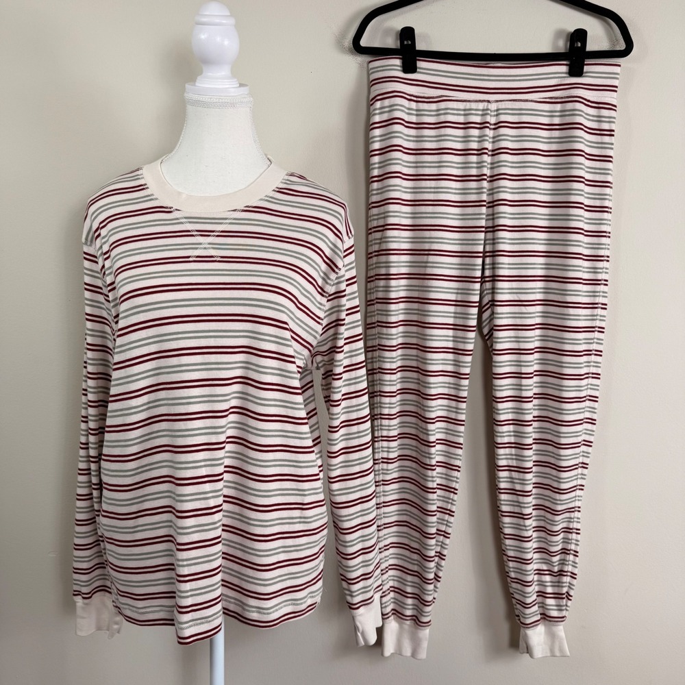 Pact Organic Cotton Striped Pajama Set Womens Large Burgundy Green Cream L
